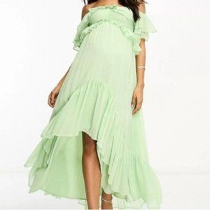 ASOS Maternity Off-the-Shoulder, Ruffled High-Low Dress‎ in Light Green, Size 10